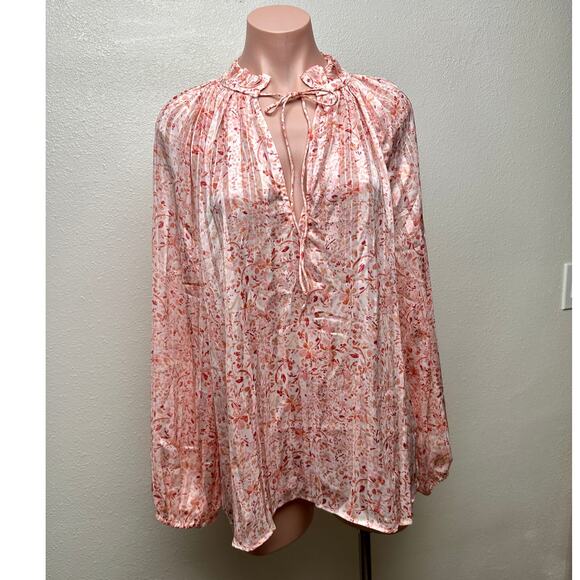 NWT H&M Floral Ruffle Tie-Neck Crêpe Blouse Peach Pink L - Picture 3 of 13